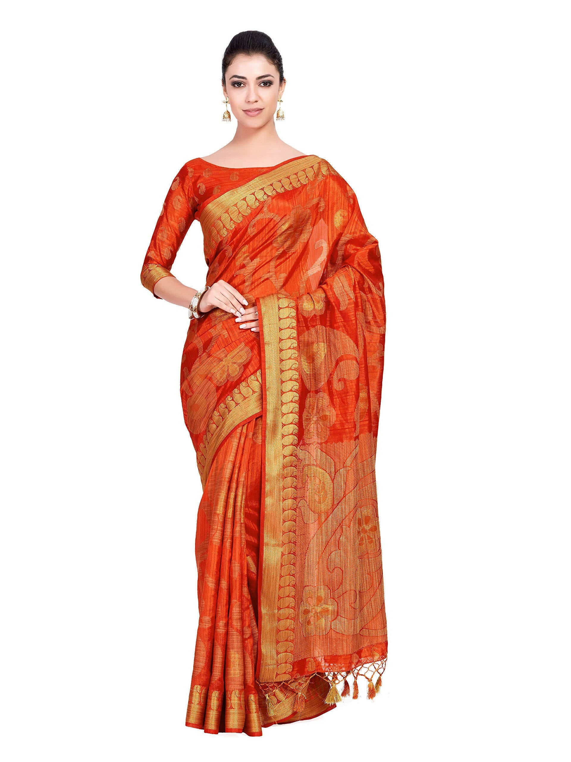 Mimosa Women's Kanchipuram Art Silk Orange Saree - Distacart