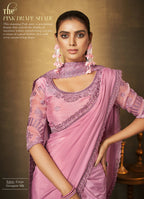 Pink Crepe Georgette Silk Cord Embroidered with Swaroski Work Saree With Unstitched Blouse Piece - Norita Royal Erisha