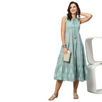 Sea Green & White Ethnic Motifs Embroidered Pure Cotton Maxi A-Line Dress - Poonam - Distacart