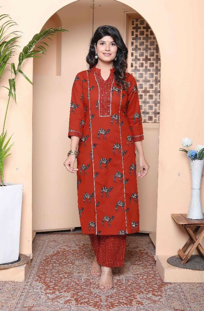Miravan Womens Rust Animal Printed Three Quarter Sleeves Pure Cotton Kurta With Palazzo - Distacart