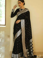 DEIANA'S Beautiful Designer Golden zari Soft Lichi Silk Saree - Black