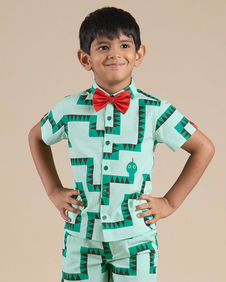 Snakes and Ladders Boys Green Table Print Shirt from Siblings Collection
