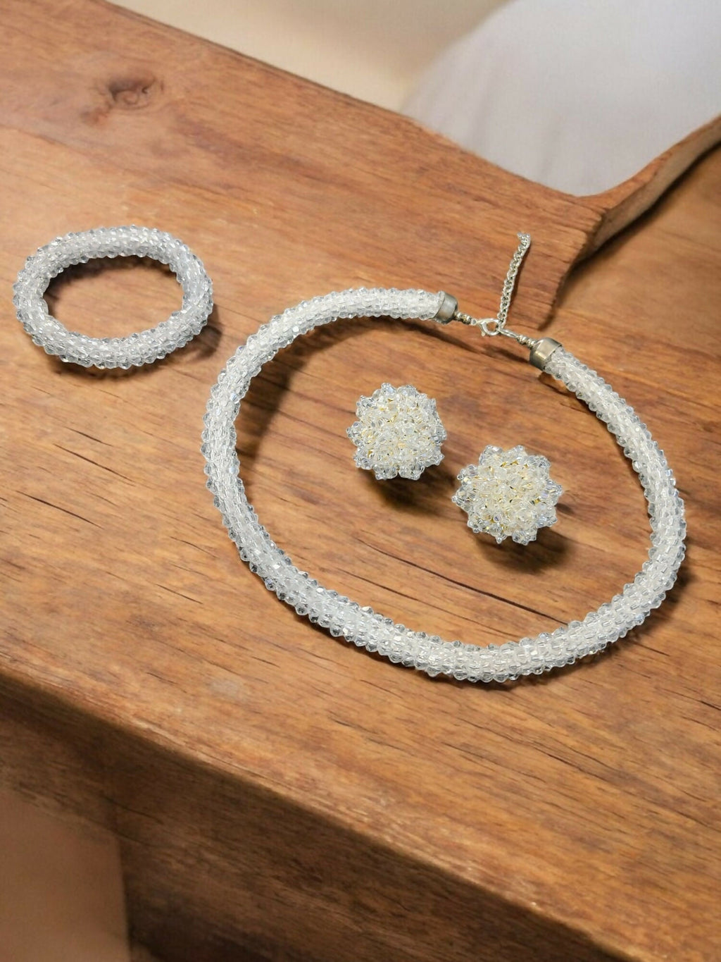 Inhanns Complete Look Crystal Statement 3-Piece Set (Adjustable Necklace + Earrings + Adjustable Bangle ) - White