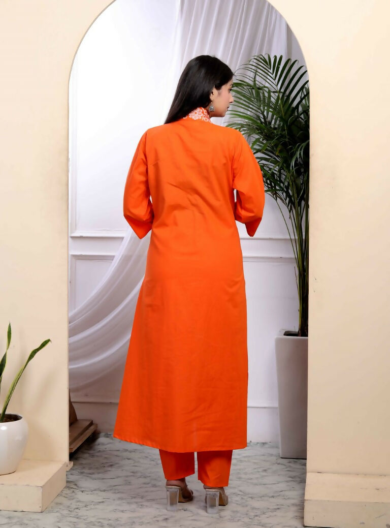 Miravan Women's Orange Cotton Embroidered A-Line Style Kurta And Palazzo