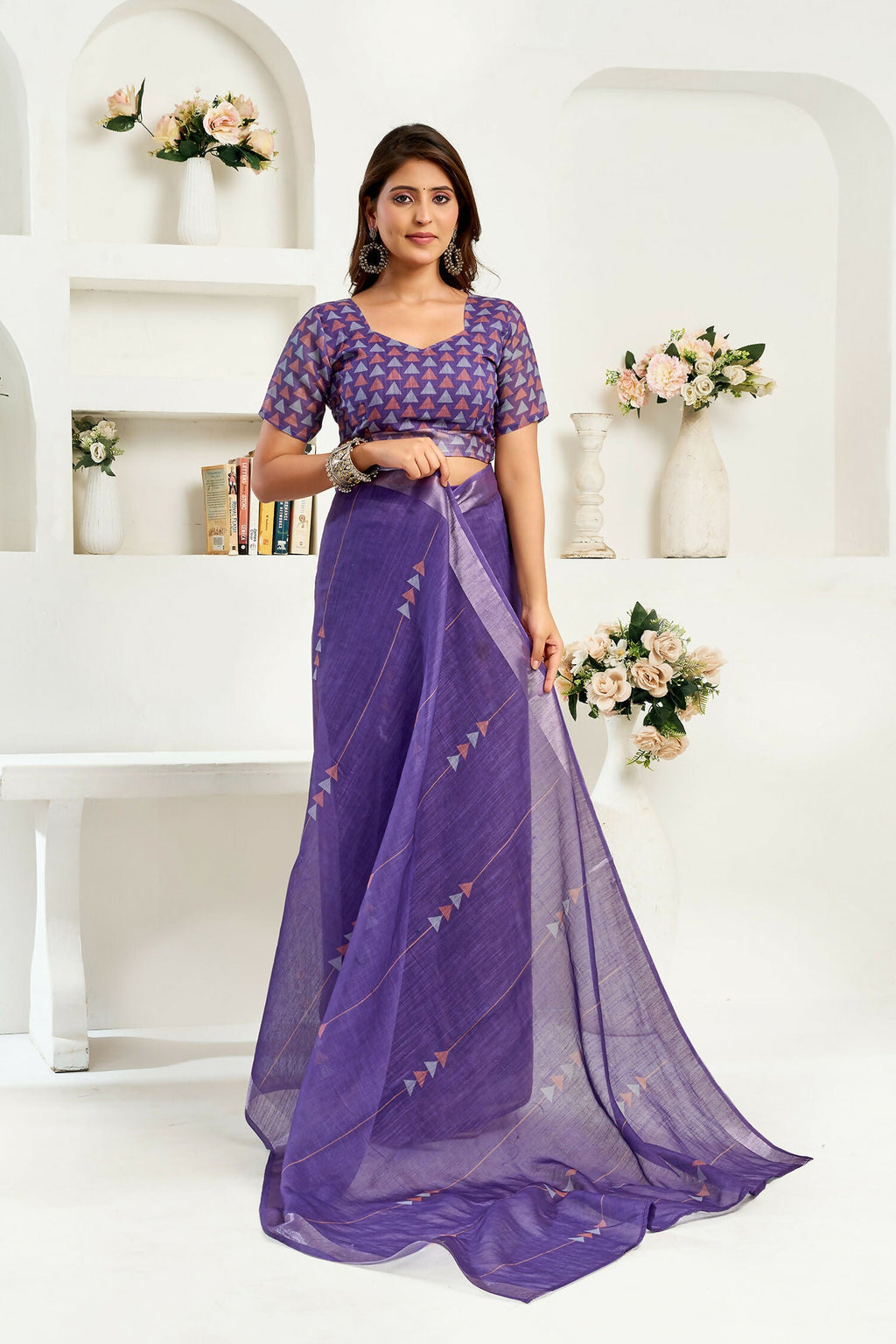 Joban Fashion Purple Geomatric Linen Ready To Wear Saree With Unstitched Blouse - Distacart