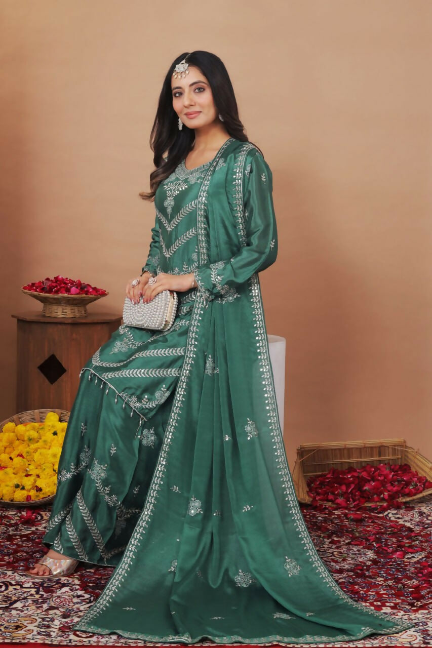 Teeya Creation Green Color Chinon Silk Wedding Wear Trending Palazzo Set - Distacart