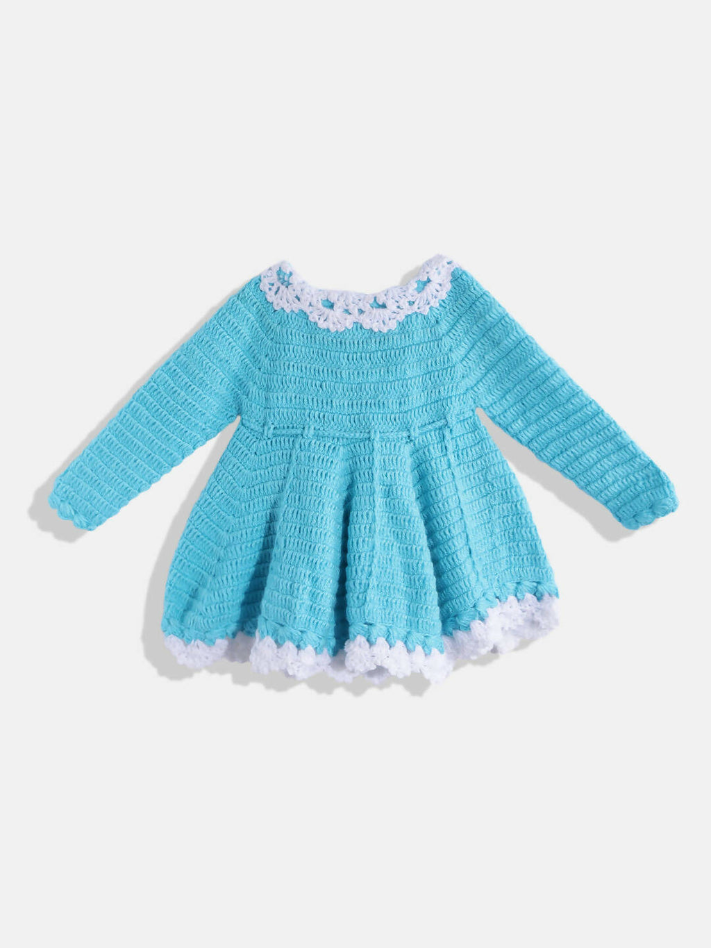 Chutput Kids Woollen Hand Knitted Full Sleeves Flower Work Dress For Baby Girls - Blue