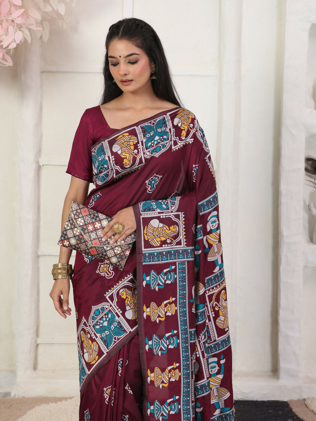 Shree Shyam Fashion Silk Blend Wine Saree - Distacart