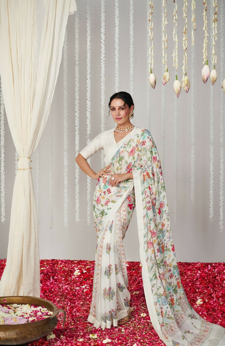 Partywear Designer White Bright Moss Fancy Saree - Durga