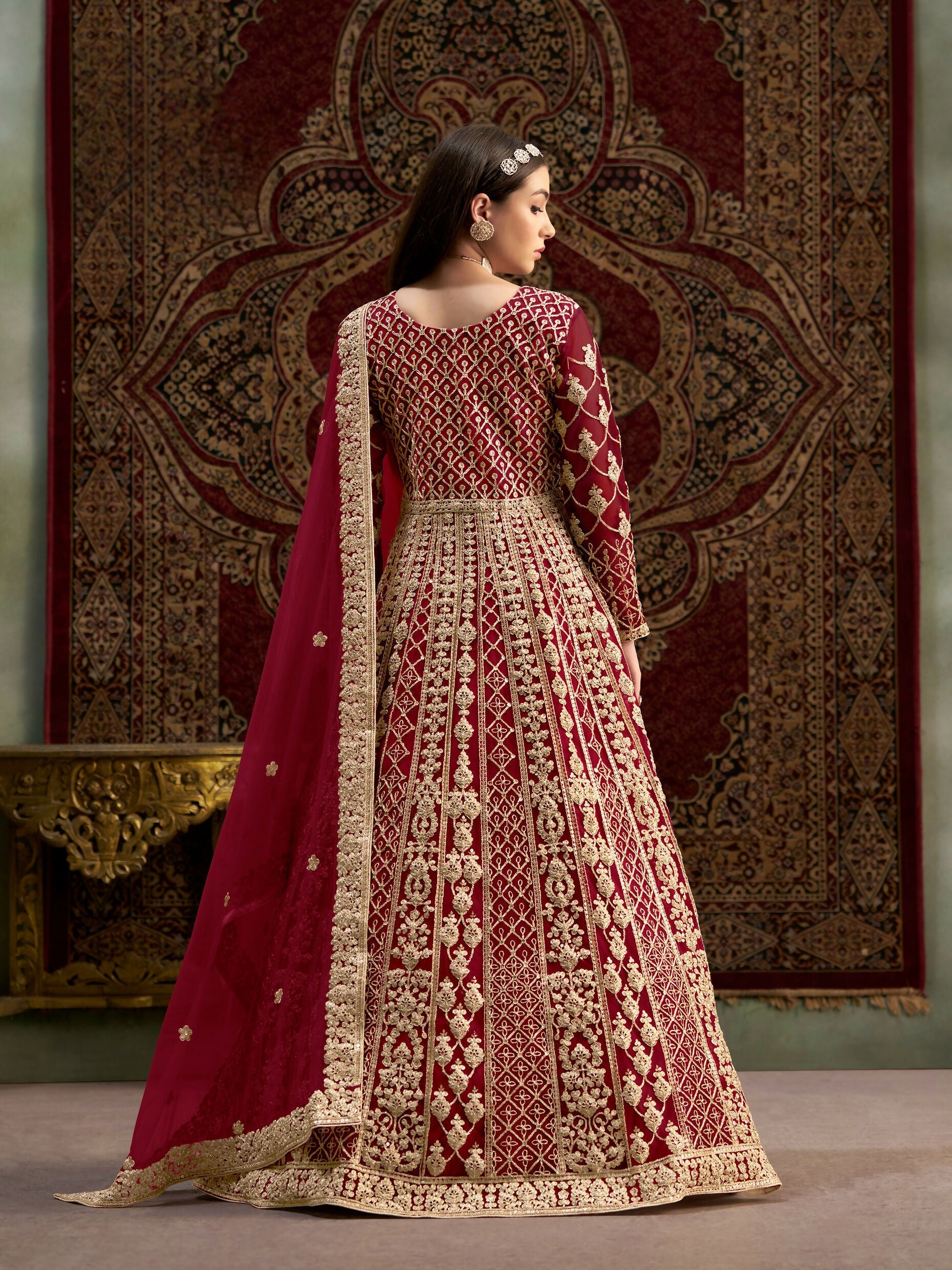 Anaita Maroon Embroidered Net Stitched Anarkali Suit - Distacart