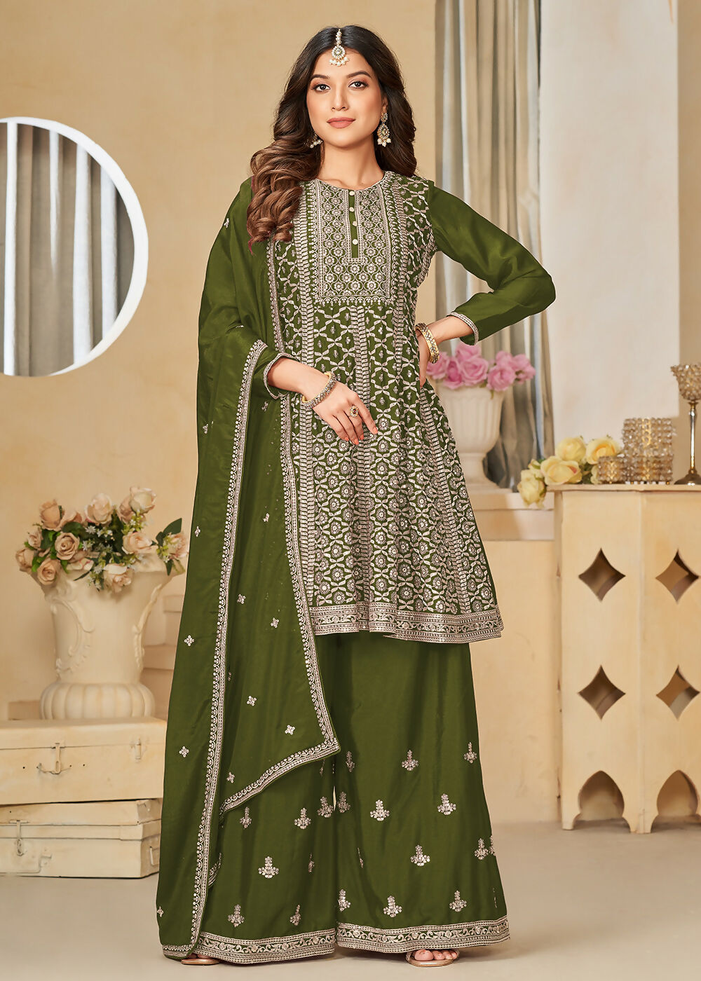 Chinnon Olive Green Embroidered Palazzo Salwar Suit - Emponline