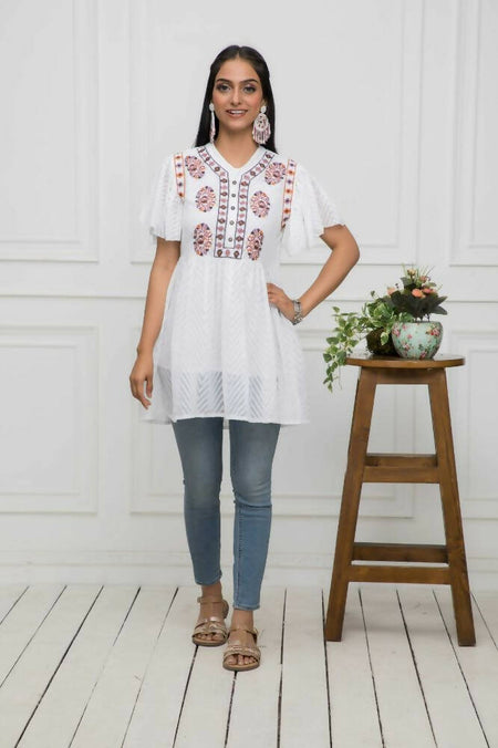 Myshka Women Solid V-Neck Flared Sleeves Synthetic Georgette White Top