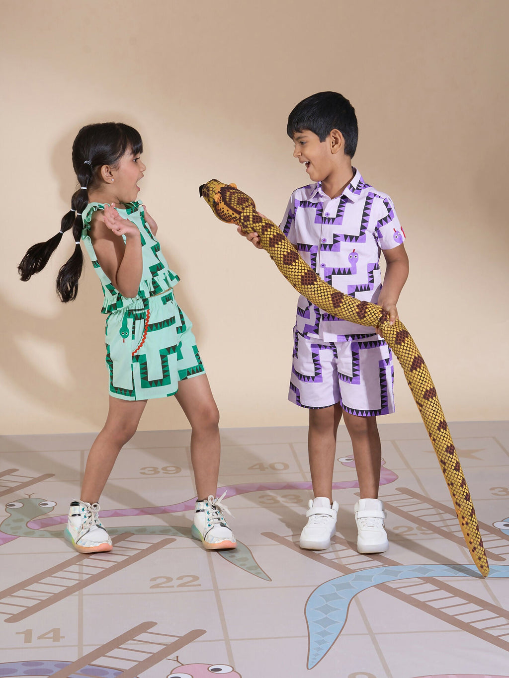 Snakes and Ladders Girls Green Table Print Top and Shorts Sets from Siblings Collection