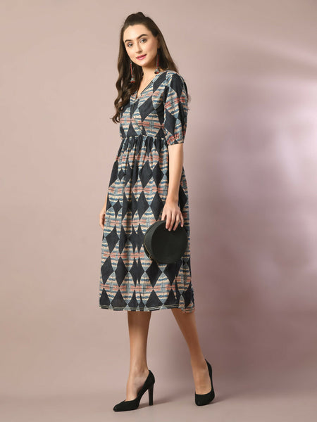 Myshka Women's Multi Printed Cotton V-Neck Empire Party Dress