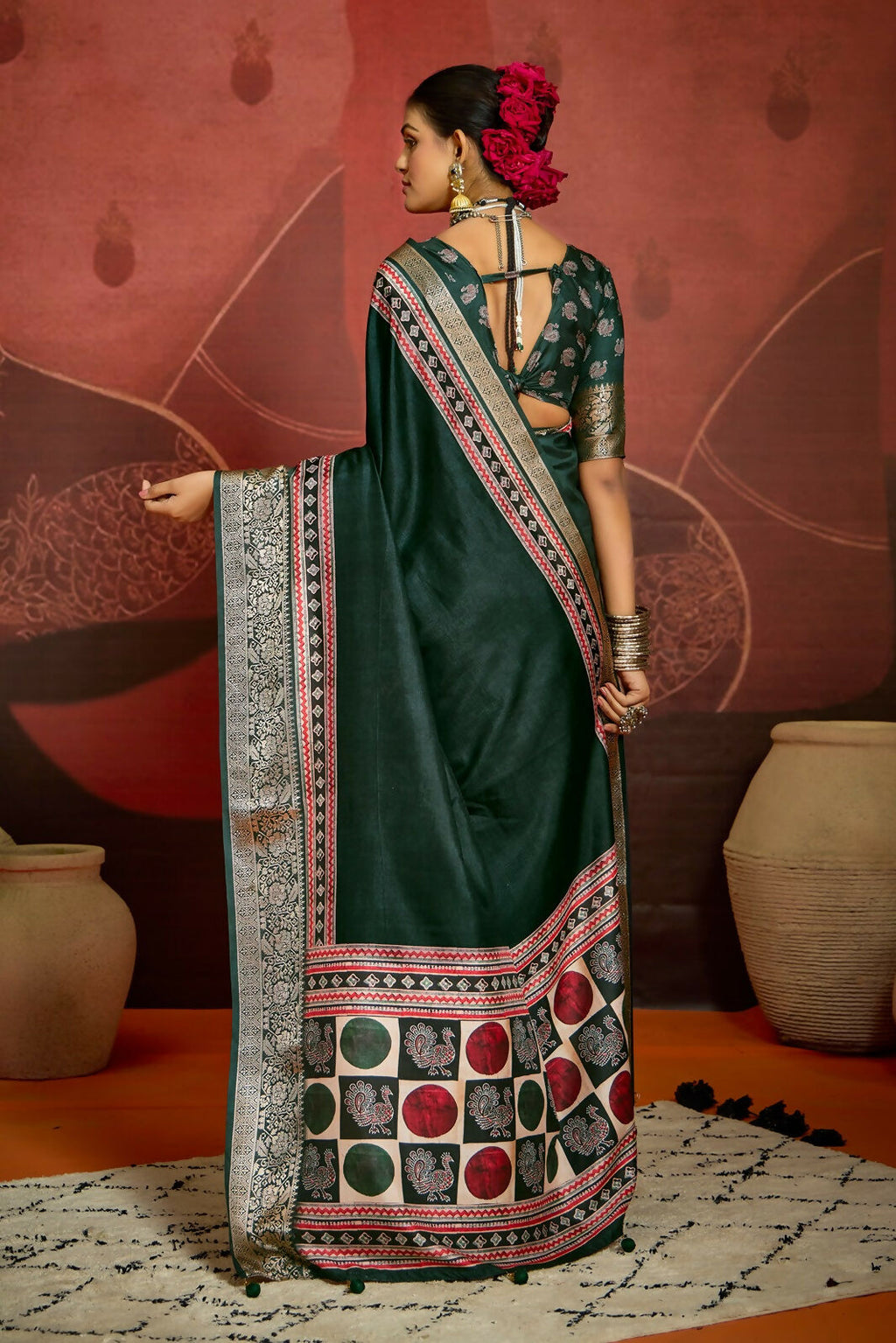 Joban Fashion Green Art Silk With Fine Viscose Border Ajrak Full Body Print With Soft Finish Saree - Distacart