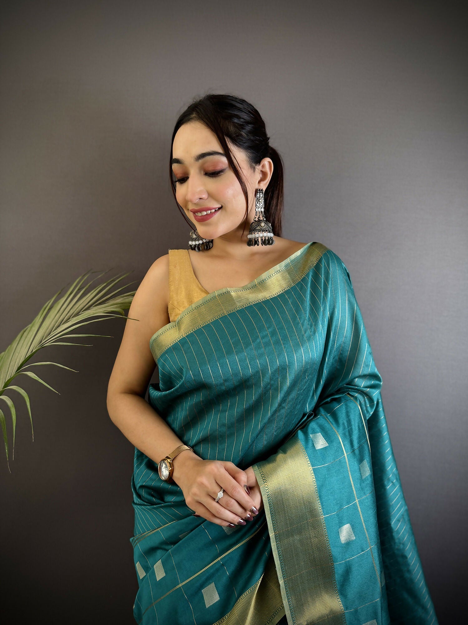 Joban Fashion Sea Green Bhagalpuri Cotton Silk Stripes/Box Saree - Distacart