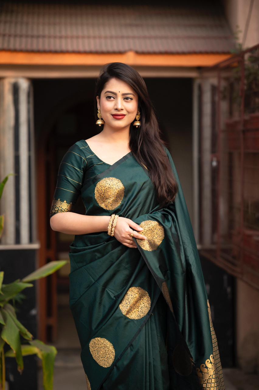 Green Silk Woven Saree with Unstitched Blouse - Hiral Fashion