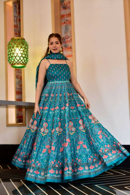 Partywear Designer Light Steel Blue Pure Maslin Gown - Anbazaar