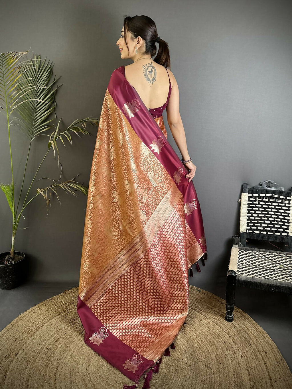 Joban Fashion Wine Intricate Zari Weaving Soft Silk Dharmavaram Saree