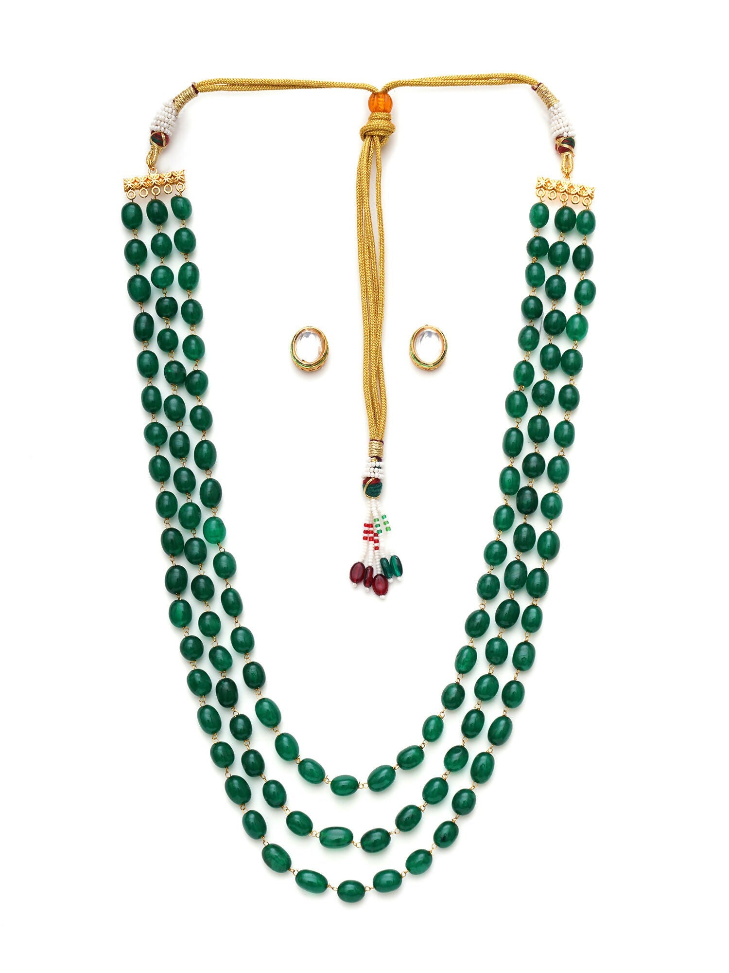 Long Layered Green Neckpiece wtih Kundan Studs Jewellery Set (Green) - Ruby Raang
