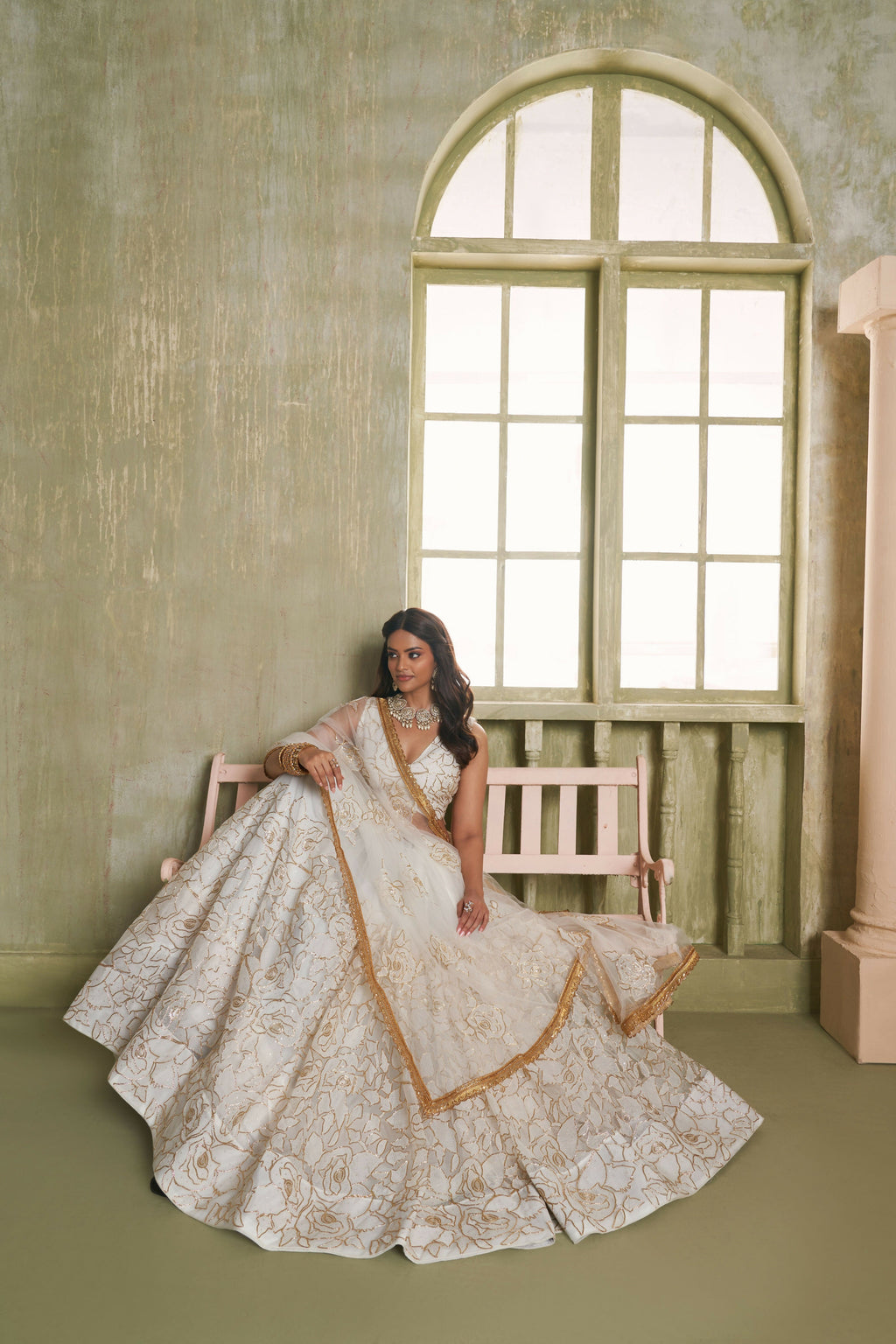 Eilara Off White Net Embroidered, Sequins And Thread Work A - Line Lehenga Choli For Engagement