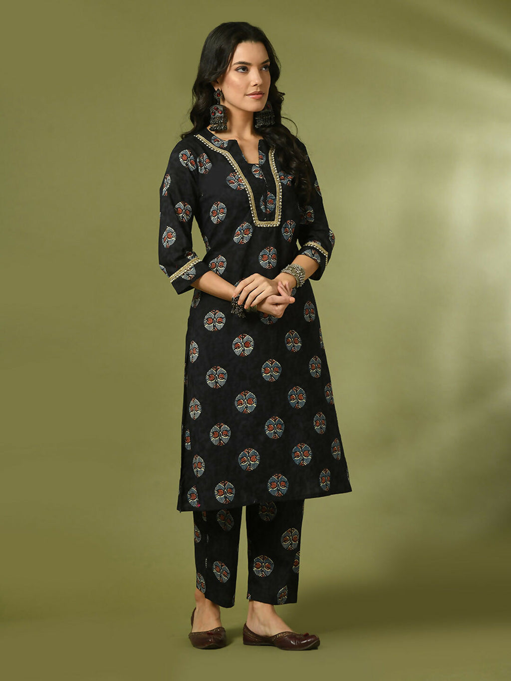 Myshka Women's Black Printed Cotton Straight Party Kurta Set