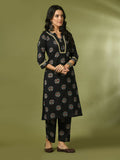 Myshka Women's Black Printed Cotton Straight Party Kurta Set