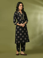 Myshka Women's Black Printed Cotton Straight Party Kurta Set