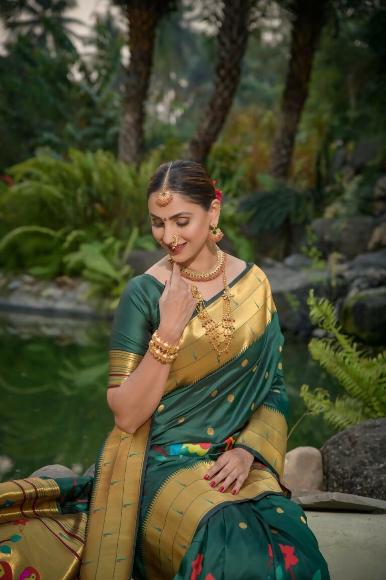 Jyoti Fashion Women's Bottle Green Paithani Silk Zari Woven Saree with Blouse