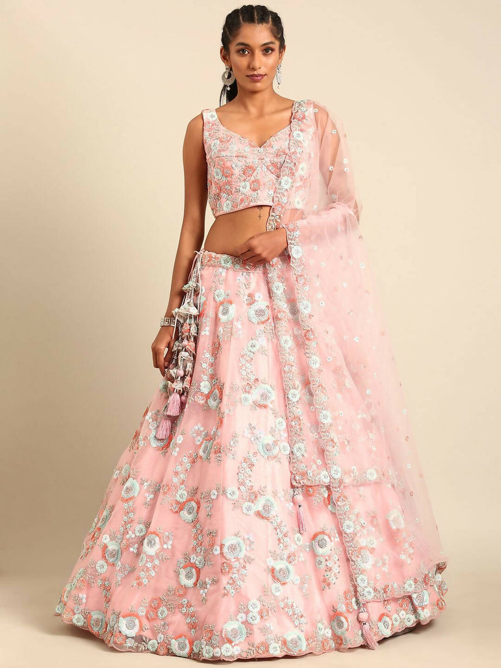House of Panchhi Pink Net Sequins and Zarkan embroidery Lehenga choli & Dupatta