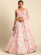 House of Panchhi Pink Net Sequins and Zarkan embroidery Lehenga choli & Dupatta