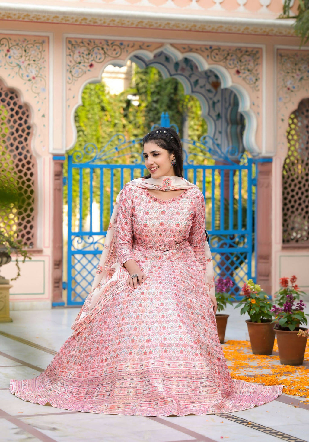 Functional Designer Off White-Light Pink Dola Silk Anarkali suit with Dupatta - Ramya