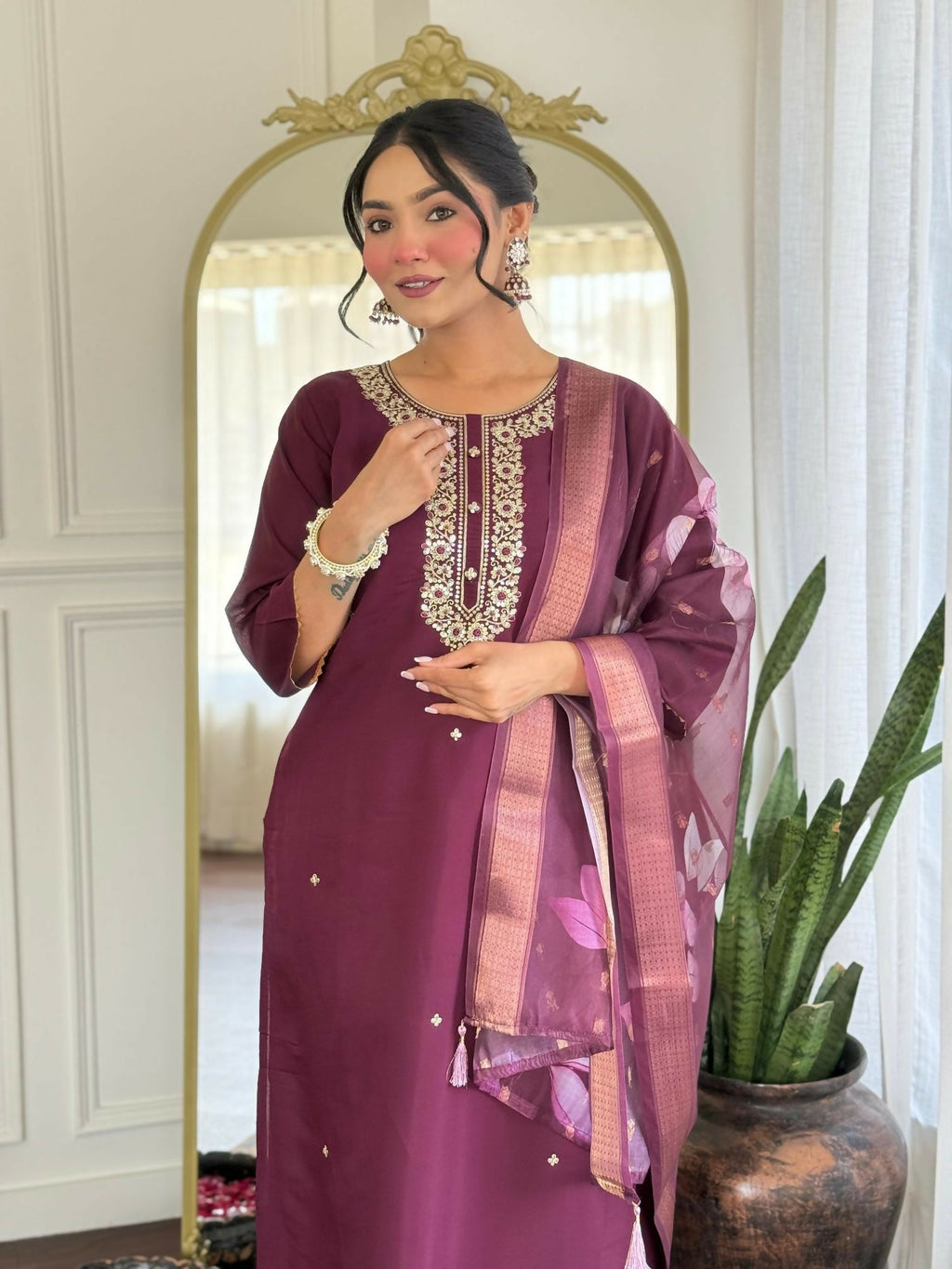 The52 Wine Women's Gorgeous Rayon Fabric Embroidered Work Straight Kurta Pant and Dupatta Set - Distacart