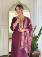 The52 Wine Women's Gorgeous Rayon Fabric Embroidered Work Straight Kurta Pant and Dupatta Set - Distacart