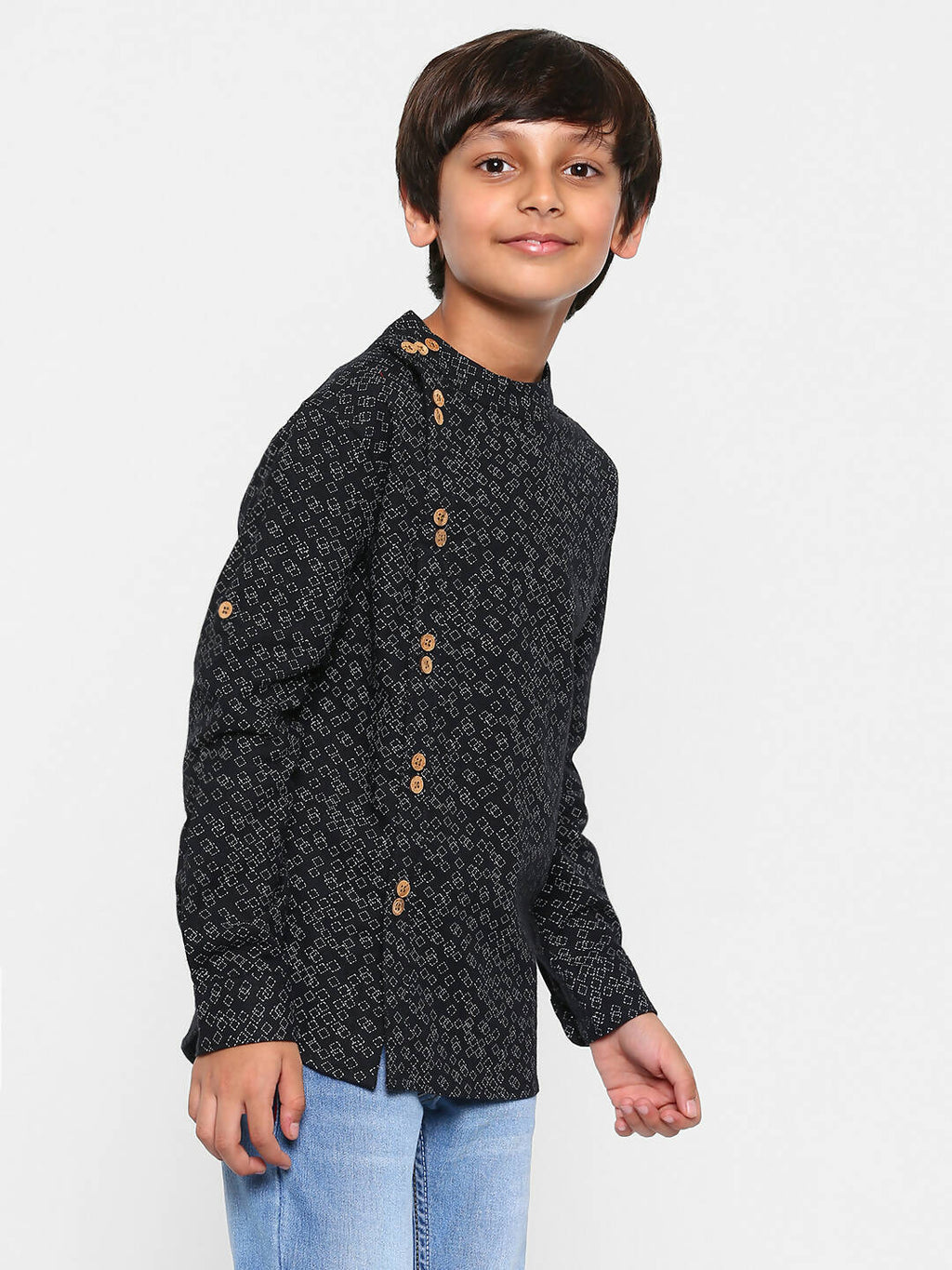 Manet Ethnic Full Sleeves Triangel Printed Shirt - Black
