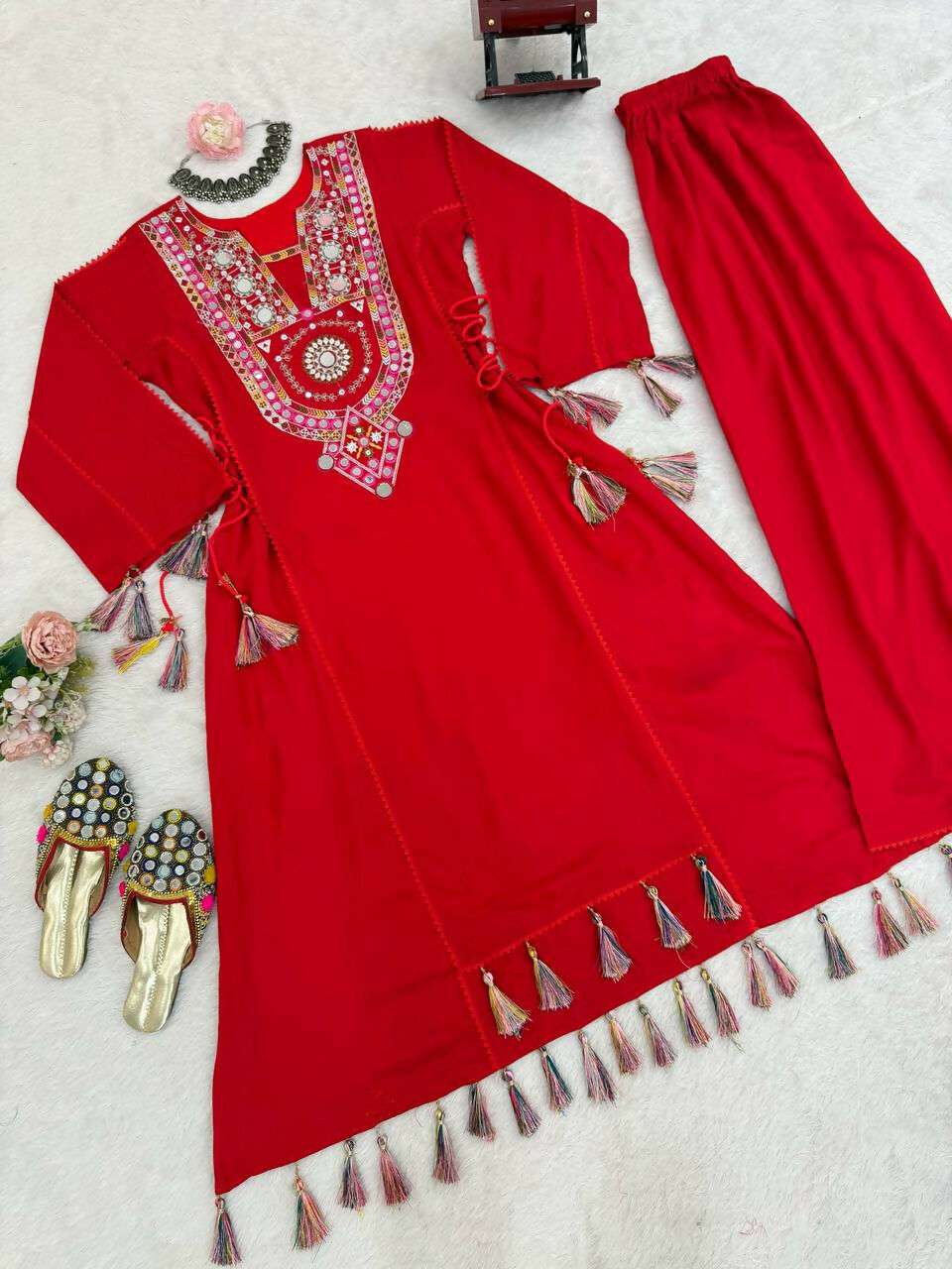The52 Women's Gorgeous Rayon Fabric Thread Work Straight Kurta Palazzo Set - Distacart
