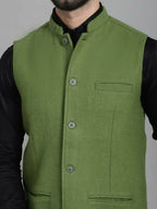 Even Apparels Nehru Jacket With Welt Pockets - Olive