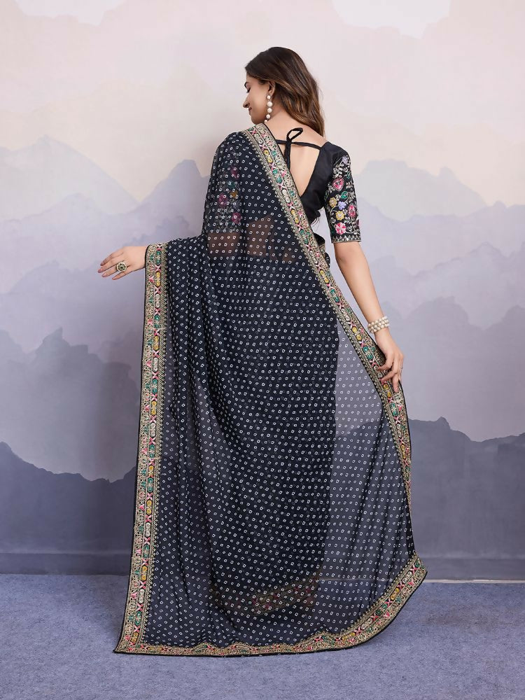 Black Georgette Bandhani Printed,Embroidery Work Saree - Surkhi