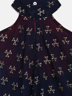 Ahalyaa Navy Printed Chanderi Silk Kids Kurta With Pant For Girls