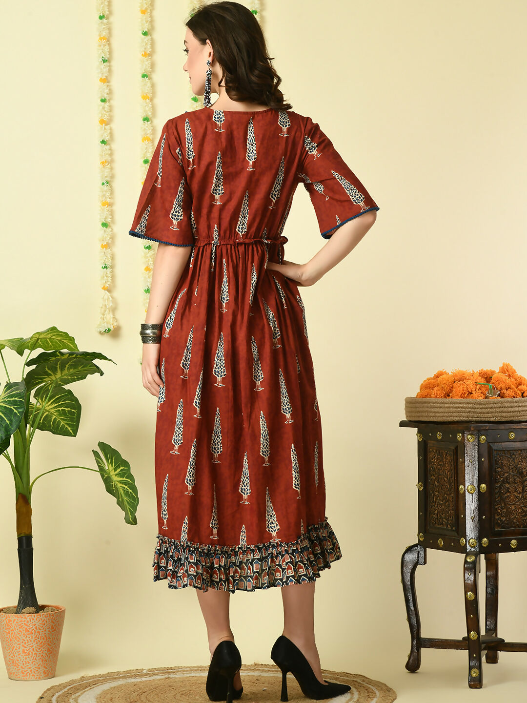 Myshka Women's Rust Printed Cotton Party Dress - Distacart