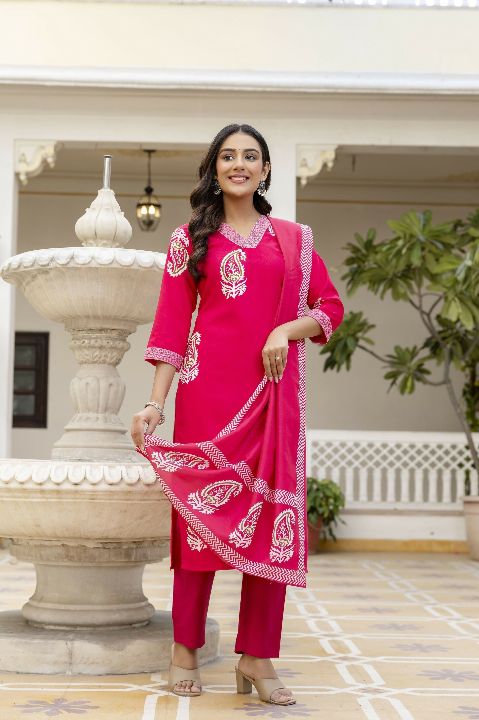 The52 Women's Beautiful Rayon Fabric Printed Work Straight Kurta Pant and Dupatta Set - Distacart