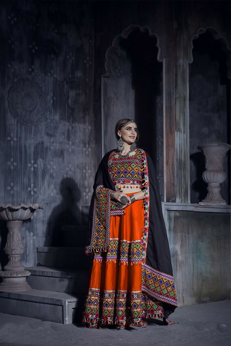 AI Fashion Orange Art Silk Designer Navratri Lehenga Choli Collection