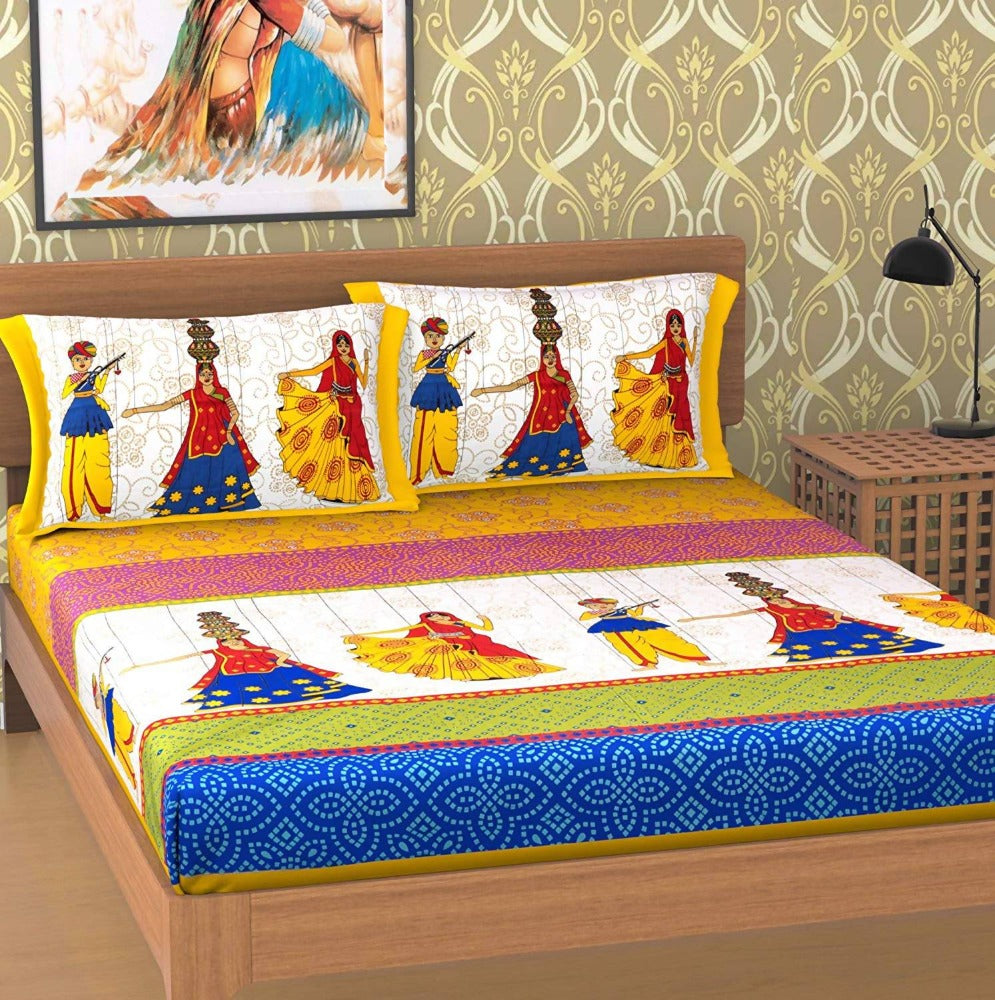 Vamika Printed Cotton Multicolor Beautiful Design Bedsheet With Pillow Covers (LEOC_KATP_Y)