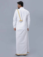 Ramraj Cotton Premium Wedding White Readymade Dhoti, Shirt & Towel Set Dhanvanthri