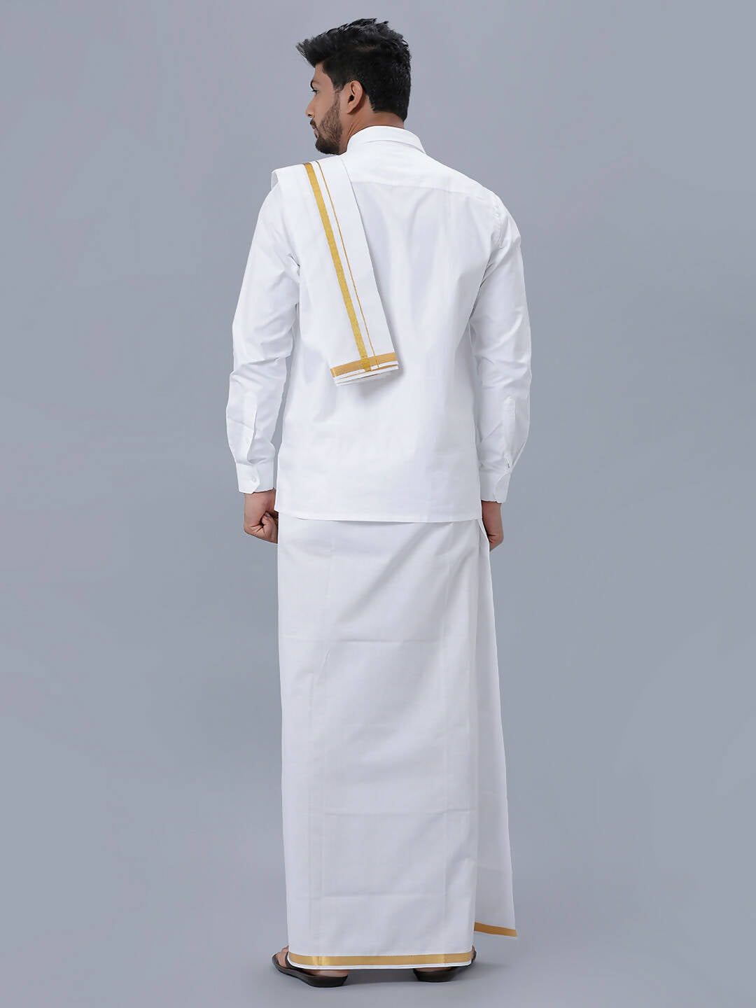 Ramraj Cotton Premium Wedding White Readymade Dhoti, Shirt & Towel Set Dhanvanthri