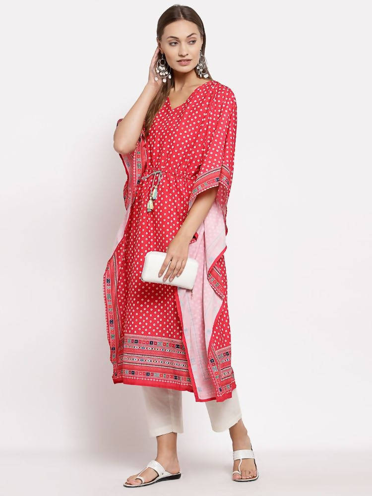 Myshka Women's Red Cotton Printed 3/4 Sleeve V Neck Casual Kaftan