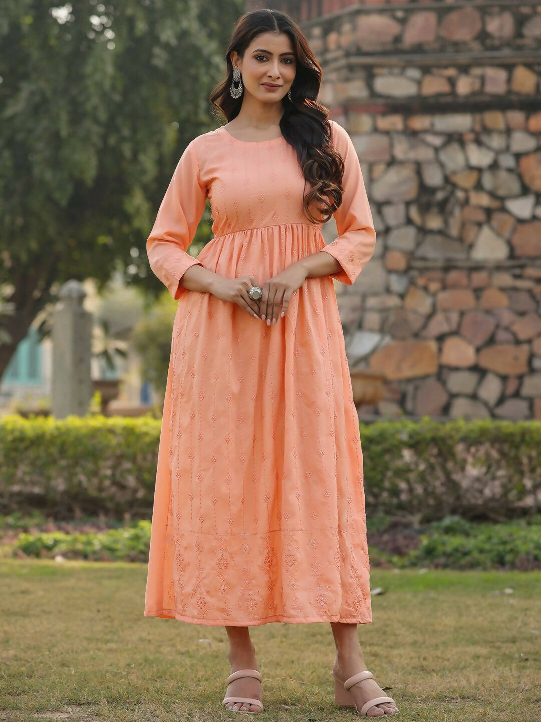 Juniper Women's Peach Festive Embroiderd Flared Dress - Distacart