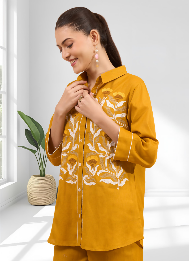 Joban Fashion Mustard Cotton, Linen Embroidered Readymade Cord Set - Distacart