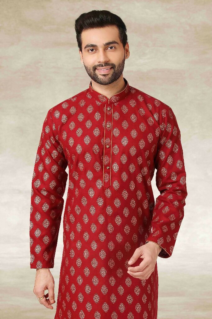 Raivat Ethnic Cotton Printed Work Kurta Pajama In Maroon Colour