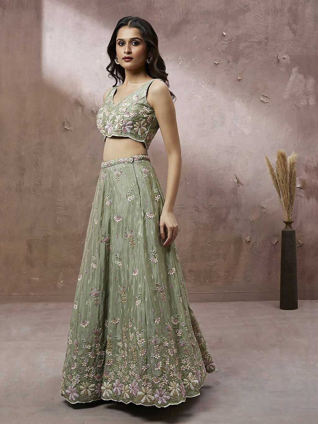 House of Panchhi Lime Green Pure Georgette Sequins with heavy Zarkan embroidery Lehenga choli & Dupatta